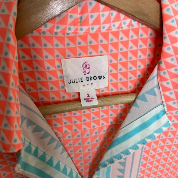 Julie Brown Orange Teal Geo Print Sleeveless Button Up 2 - Picture 2 of 12